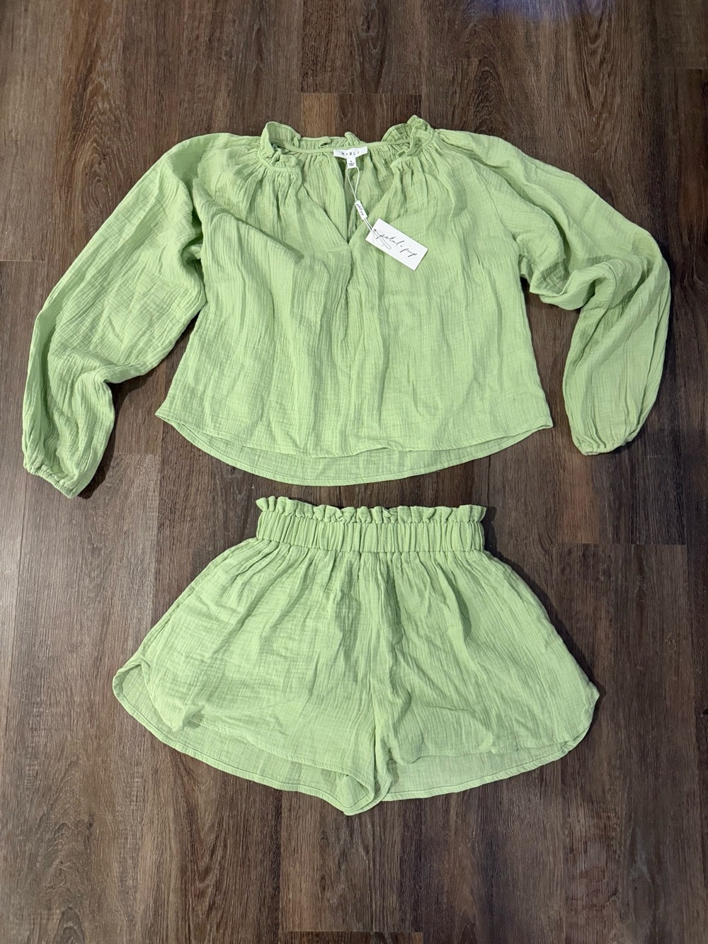 Petal & Pup Light Green Gauze Long Sleeve Peasant Top and Matching Short Set